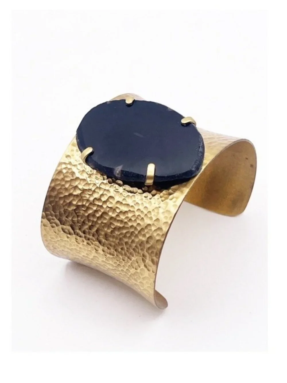Hammered Brass Black Onyx 2” Wide Cuff Bracelet Artisan Boho Statement Chunky
